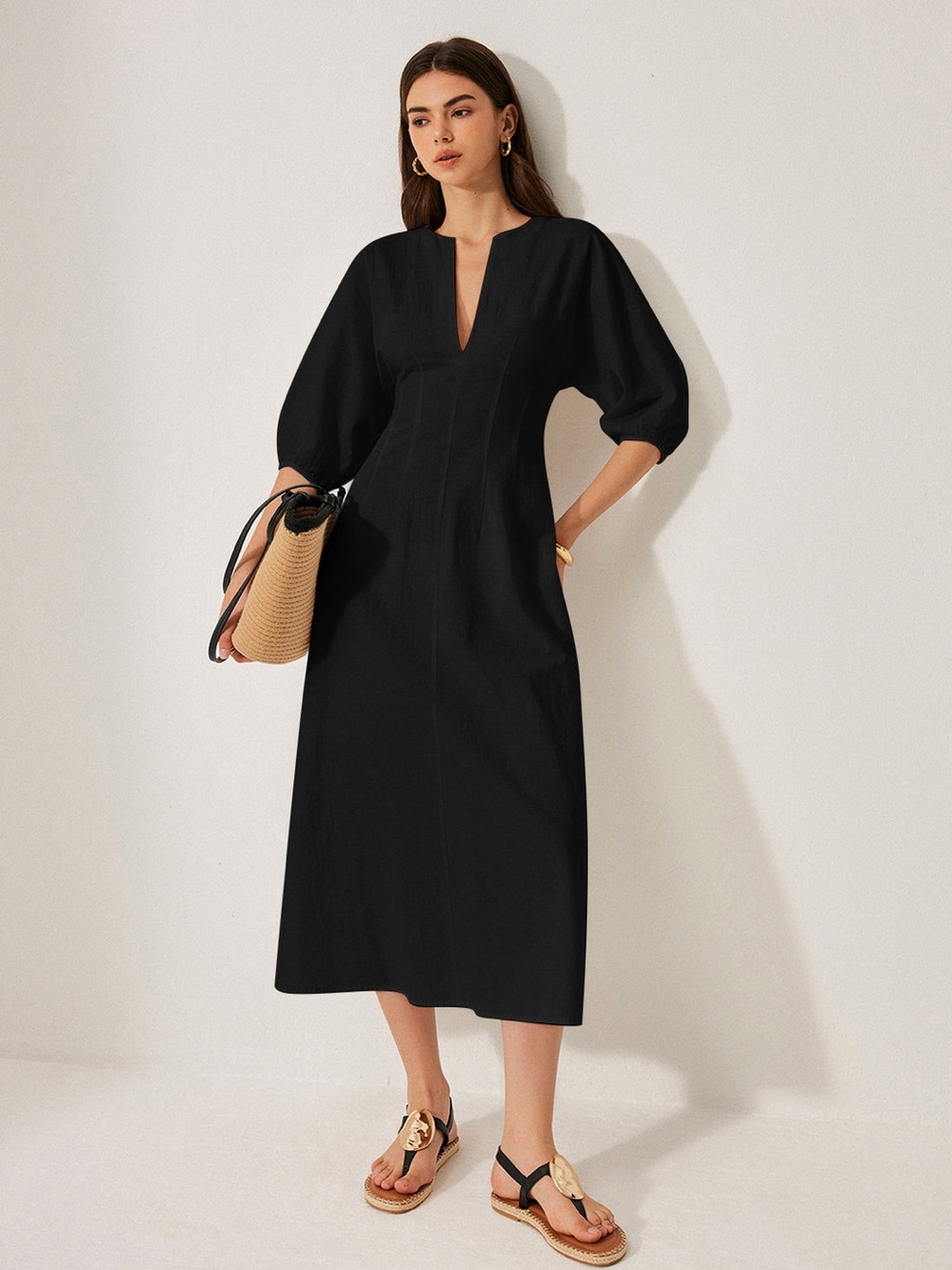 Commense Cotton & Linen Puff Sleeve Dress Without Belt in Black Size Large